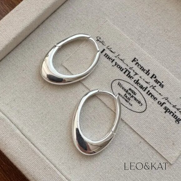 Trendy Oval Silver Hoop Earrings. 925 Sterling Silver. #1114 - Picture 2 of 5